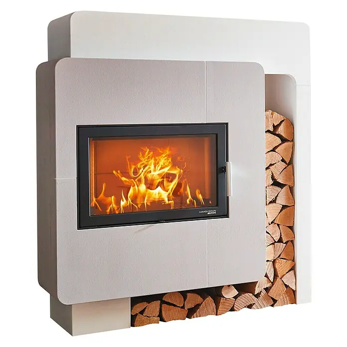 Haas+Sohn Kaminbausatz Arlberg - 8 kW, Raumheizvermögen: 200 m³, Unbehandelt - Stilvoller Kaminofen mit Holzfach. Der Ofen besticht durch sein modernes Design und sorgt für angenehme Wärme im Raum.