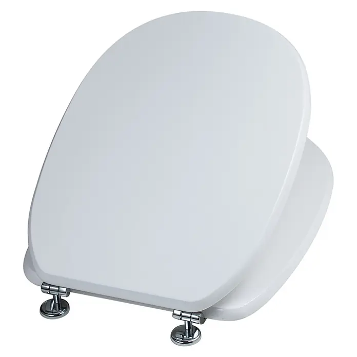 Kiamami Valentina WC-Sitz - Weiß - Weißer Toilettensitz mit Deckel und sichtbaren Chromscharnieren.