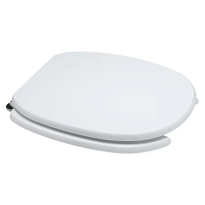 Kiamami Valentina WC-Sitz - Weiß - Weißer Toilettensitz mit Deckel, leicht geöffnet.