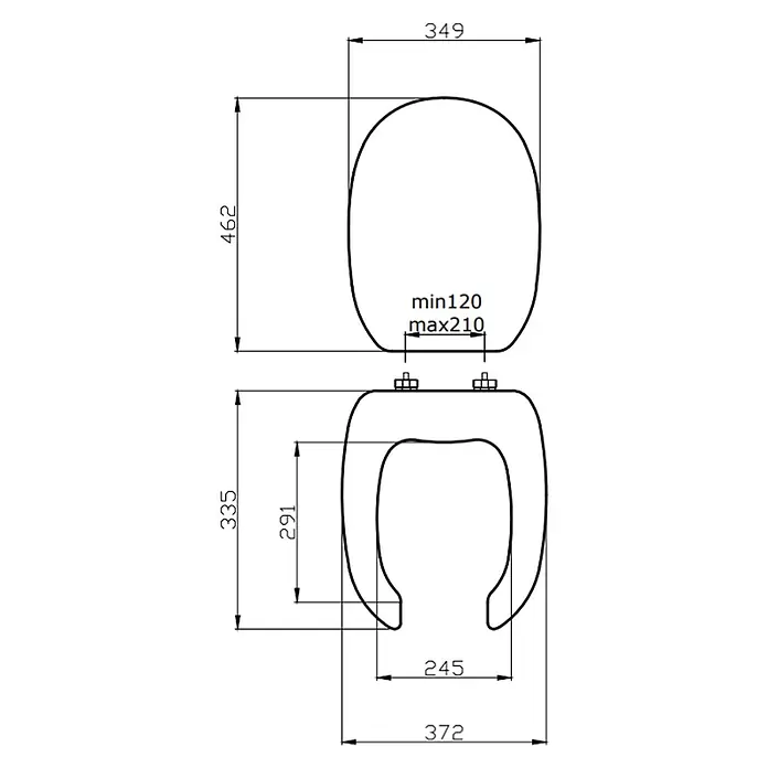 Kiamami Valentina WC-Sitz - Weiß - Bemaßte technische Zeichnung eines Toilettensitzes mit Deckel, Ring und verstellbarem Scharnierabstand.