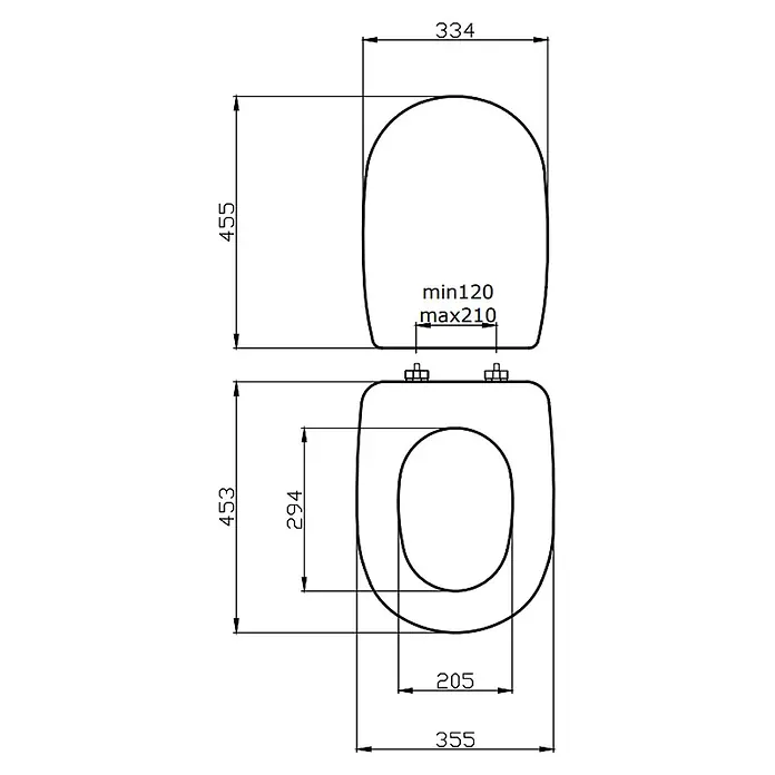 Kiamami Valentina WC-Sitz - Weiß - Technische Zeichnung eines WC-Sitzes mit Maßen für Länge, Breite, Innenöffnung und verstellbarem Scharnierabstand.