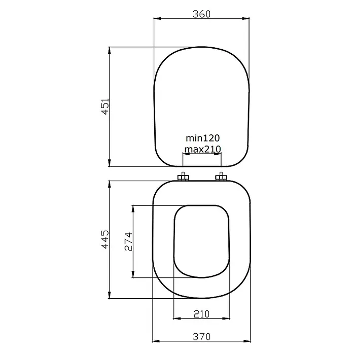 Kiamami Valentina WC-Sitz - Weiß - Technische Zeichnung eines Toilettensitzes mit Gesamtabmessungen und verstellbarem Scharnierabstand (min 120, max 210).