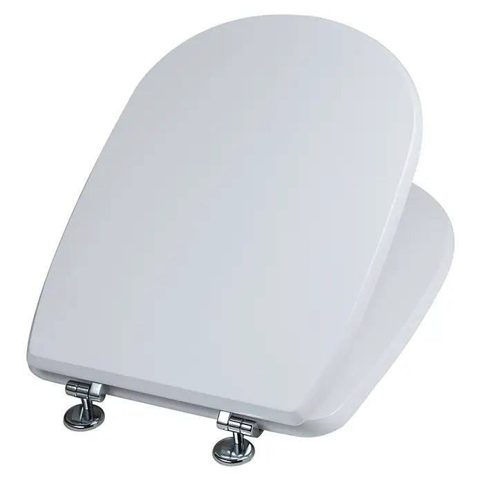 Kiamami Valentina WC-Sitz - Weiß - Weißer Toilettensitz mit verchromten Metallscharnieren, leicht geöffnet dargestellt.