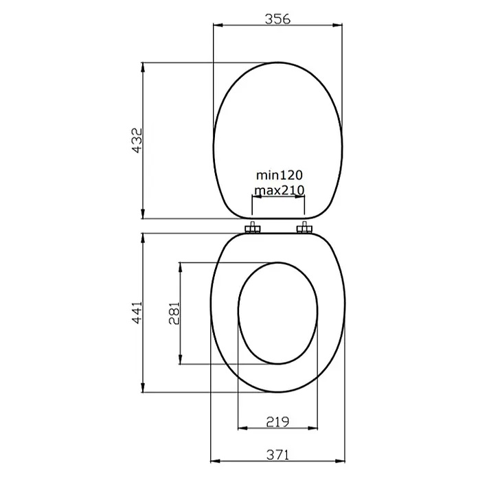 Kiamami Valentina WC-Sitz - Grau - Technische Zeichnung mit Maßen eines Toilettensitzes, einschließlich Breite, Länge und einstellbarem Scharnierabstand.