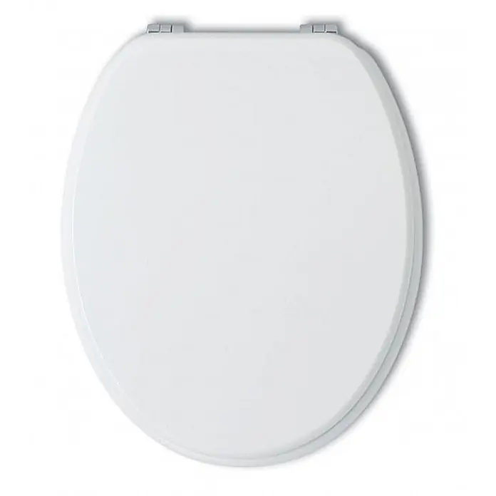 Kiamami Valentina WC-Sitz - Weiß - Weißer ovaler Toilettensitz mit sichtbaren silbernen Scharnieren.