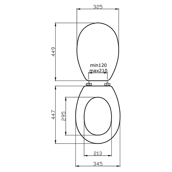 Kiamami Valentina WC-Sitz - Weiß - Technische Zeichnung eines Toilettensitzes mit Maßen für Länge, Breite und Scharnierabstand.