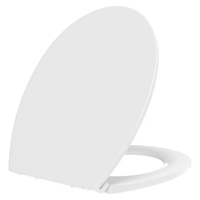 Kiamami Valentina WC-Sitz - Weiß, Mit Absenkautomatik - Weißer, glänzender Toilettensitz mit Deckel, teilweise geöffnet.