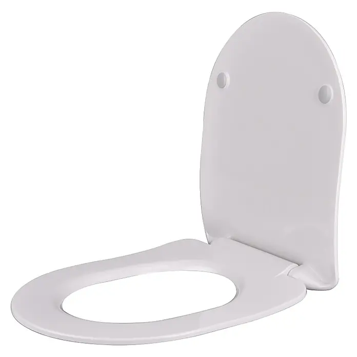 Kiamami Valentina WC-Sitz - Weiß, Mit Absenkautomatik - Weißer Toilettensitz und -deckel aus Kunststoff, teilweise geöffnet.
