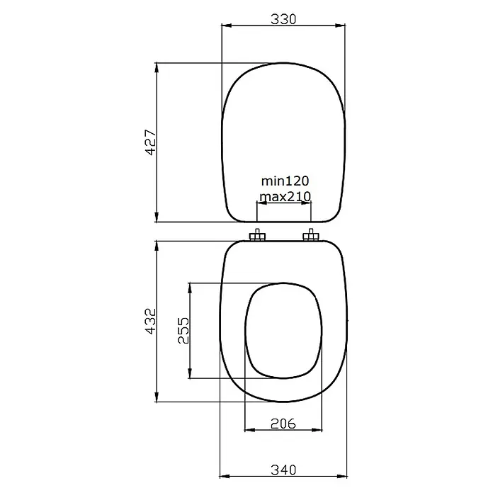 Kiamami Valentina WC-Sitz - Weiß - Technisches Diagramm eines Toilettensitzes und Deckels mit Maßen für Länge, Breite und verstellbaren Scharnierabstand.