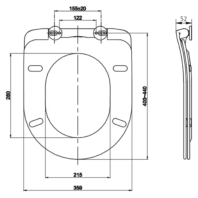 Kiamami Valentina WC-Sitz - Weiß, Mit Absenkautomatik - Technische Zeichnung eines Toilettensitzes mit Scharniermaßen und Gesamtabmessungen für Breite, Länge und Höhe.