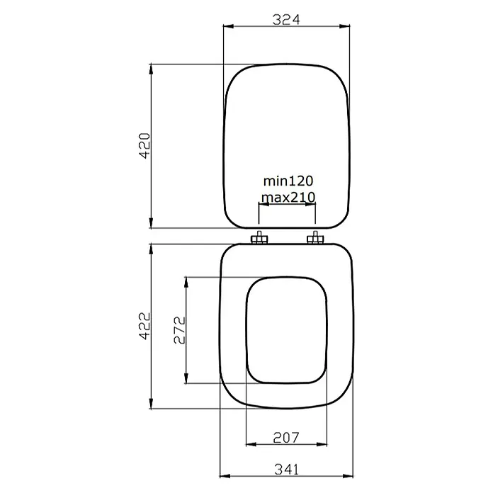 Kiamami Valentina WC-Sitz - Weiß - Technische Zeichnung eines Toilettensitzes mit präzisen Maßen.