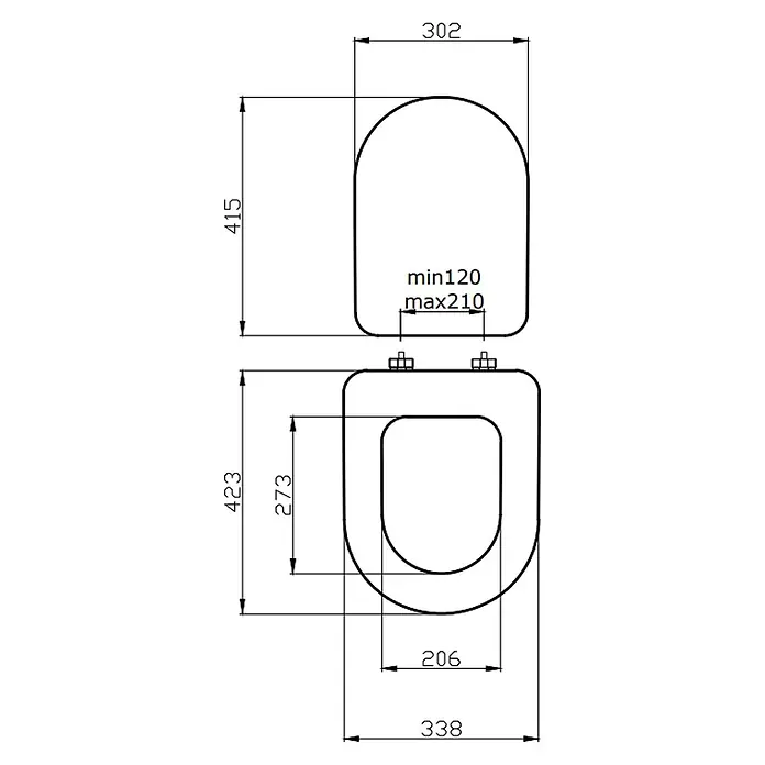 Kiamami Valentina WC-Sitz - Weiß - Technische Zeichnung eines Toilettensitzes und -deckels mit Maßen für Breite, Länge und einstellbaren Scharnierabstand.