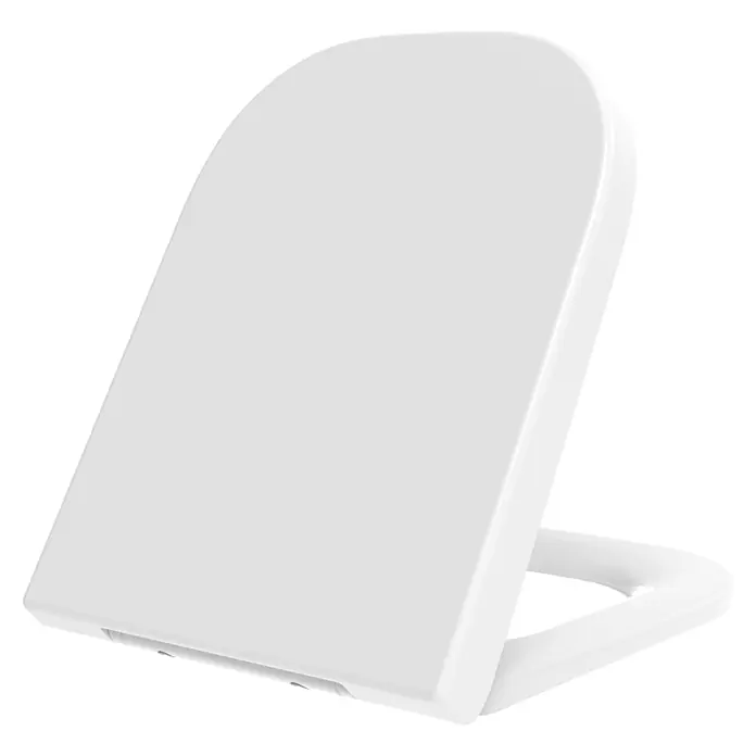 Kiamami Valentina WC-Sitz - Weiß, Mit Absenkautomatik - Weißer Duroplast WC-Sitz mit Deckel, teilweise geöffnet.