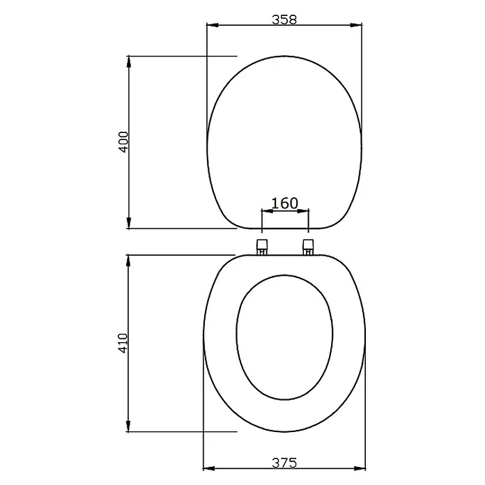 Kiamami Valentina WC-Sitz - Weiß - Technische Zeichnung eines WC-Sitzes und Deckels mit Maßen: Breite 375mm, Länge 410mm und Scharnierabstand 160mm.