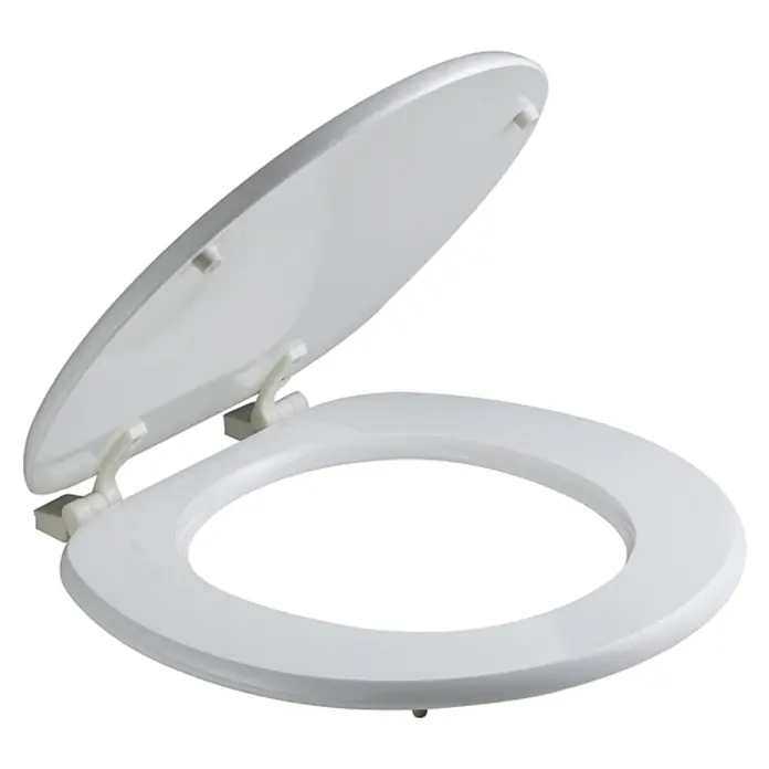 Kiamami Valentina WC-Sitz - Weiß - Weißer Toilettensitz mit halb geöffnetem Deckel, Scharniere sichtbar.