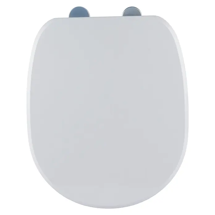 Kiamami Valentina WC-Sitz - Weiß, Mit Absenkautomatik - Weißer Toilettensitz mit glatter Oberfläche und zwei grauen Scharnierkappen oben.