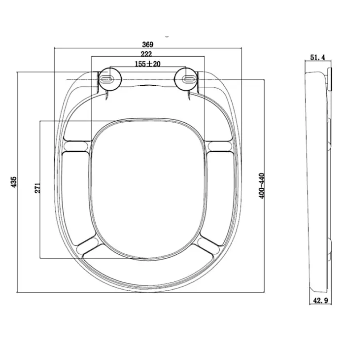 Kiamami Valentina WC-Sitz - Weiß, Mit Absenkautomatik - Bemaßtes Diagramm eines ovalen/D-förmigen WC-Sitzes, mit Länge, Breite und einstellbarem Scharnierabstand.