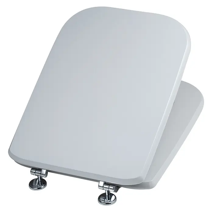 Kiamami Valentina WC-Sitz - Grau - Weißer, quadratischer Toilettensitz mit abgerundeten Ecken und Chromscharnieren.