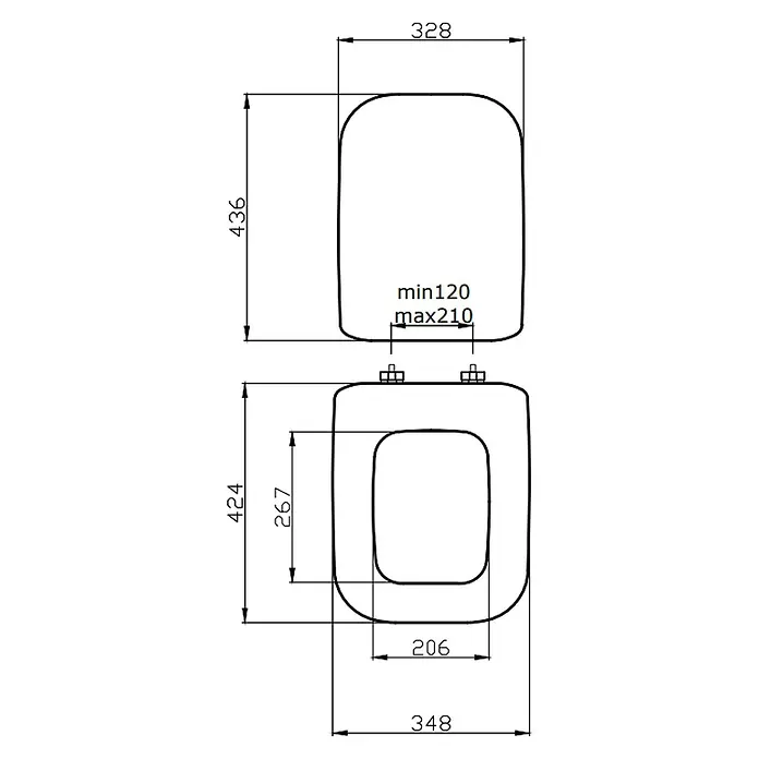 Kiamami Valentina WC-Sitz - Grau - Technische Zeichnung eines Toilettensitzes mit Gesamtmaßen und einstellbarem Scharnierabstand.
