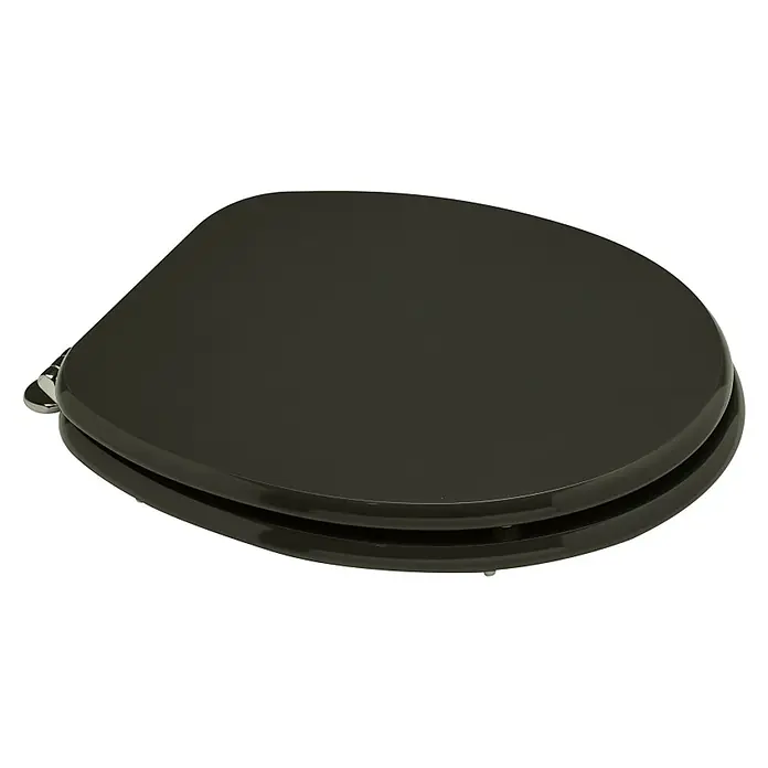 Kiamami Valentina WC-Sitz - Grau - Geschlossener dunkelgrauer Toilettensitz mit Chromscharnieren.