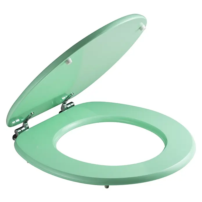 Kiamami Valentina WC-Sitz - Grün - Mintgrüner Toilettensitz mit geöffnetem Deckel und verchromten Scharnieren.