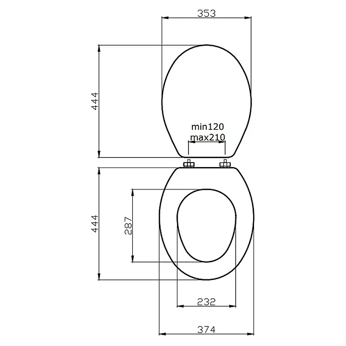 Kiamami Valentina WC-Sitz - Weiß - Technisches Diagramm eines Toilettensitzes mit Draufsichten und detaillierten Maßen.