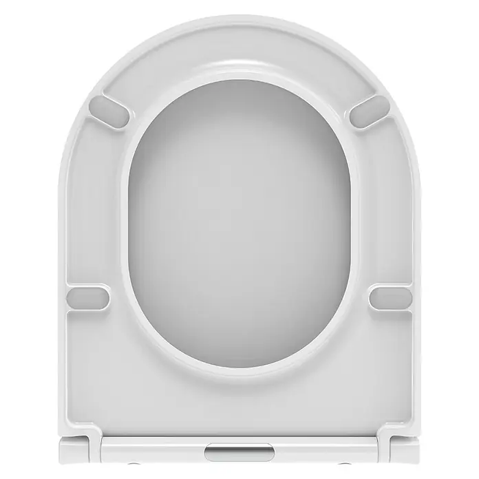 Kiamami Valentina WC-Sitz - Weiß, Mit Absenkautomatik - Weißer Soft-Close Toilettensitz mit Schnellverschluss und vier Pufferpads, von oben gesehen.