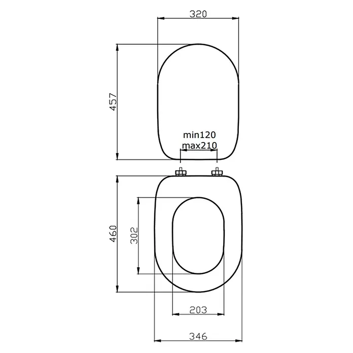 Kiamami Valentina WC-Sitz - Weiß - Technische Zeichnung eines WC-Sitzes mit Deckel, Maße für Länge, Breite und verstellbaren Scharnierabstand.