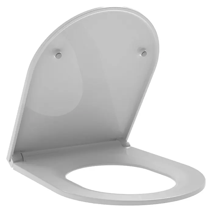 Kiamami Valentina WC-Sitz - Weiß, Mit Absenkautomatik - Hellgrauer Toilettensitz und Deckel, geöffnet, mit zwei sichtbaren Befestigungslöchern am Deckel.