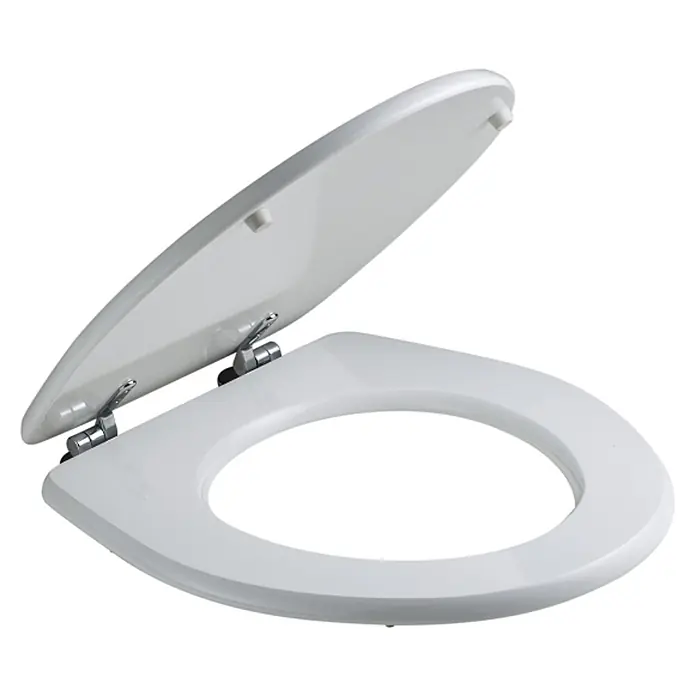 Kiamami Valentina WC-Sitz - Weiß - Weißer Toilettensitz und Deckel mit Chromscharnieren, geöffnet dargestellt.