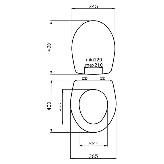 Kiamami Valentina WC-Sitz - Weiß - Technische Zeichnung eines Toilettensitzes und Deckels mit verstellbaren Scharnieren und allen Maßen.