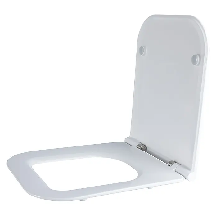 Kiamami Valentina WC-Sitz - Weiß, Mit Absenkautomatik - Weißer Kunststoff-Toilettensitz mit Deckel, teilweise geöffnet dargestellt.