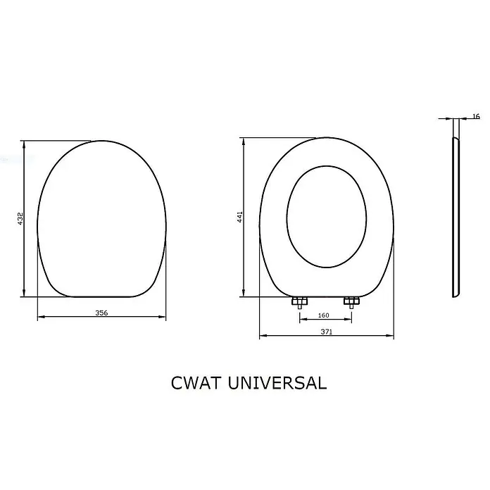 Kiamami Valentina WC-Sitz - Weiß - Technische Zeichnung eines universellen Toilettensitzes, mit Form und Hauptabmessungen wie Länge, Breite und Scharnierabstand.