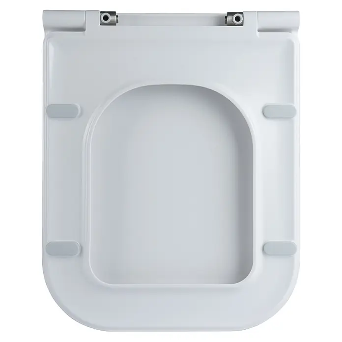 Kiamami Valentina WC-Sitz - Weiß, Mit Absenkautomatik - Weißer Toilettensitz mit U-förmiger Öffnung, grauen Gummipuffern und Metallscharnieren.