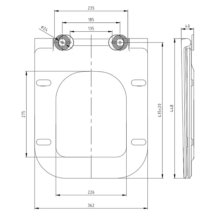 Kiamami Valentina WC-Sitz - Weiß, Mit Absenkautomatik - Technische Zeichnung eines WC-Sitzes mit verstellbaren Scharnieren (Ø24mm, 135-185mm Abstand) und Gesamtmaßen (448x362mm).