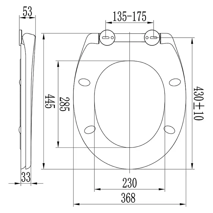 Kiamami Valentina WC-Sitz - Weiß, Mit Absenkautomatik - Technische Zeichnung eines Toilettensitzes, Vorder- und Seitenansicht mit detaillierten Maßen.