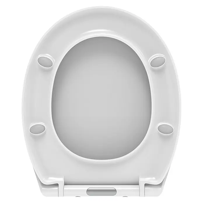 Kiamami Valentina WC-Sitz - Weiß, Mit Absenkautomatik - Weißer, ovaler Toilettensitz mit sichtbaren Scharnieren und Puffern.