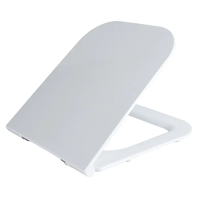 Kiamami Valentina WC-Sitz - Weiß, Mit Absenkautomatik - Weißer moderner Toilettensitz mit Deckel, teilweise geöffnet.