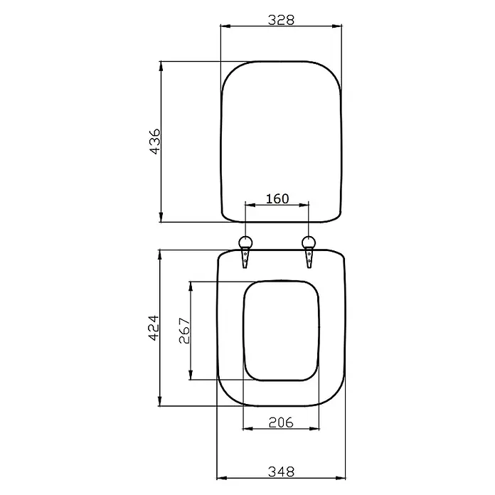 Kiamami Valentina WC-Sitz - Grau - Technisches Datenblatt eines Toilettensitzes und Deckels mit detaillierten Maßen für Länge, Breite und Scharnierabstand.
