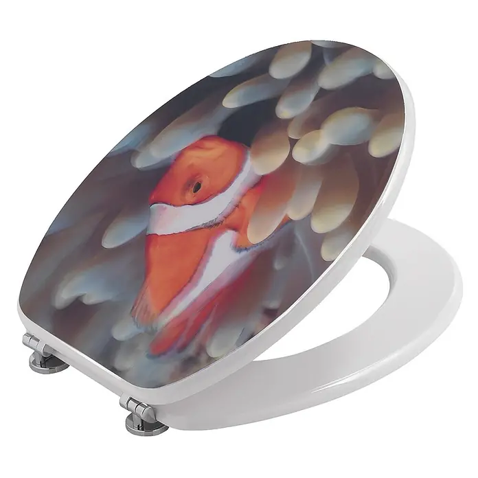 Kiamami Valentina WC-Sitz - Mehrfarbig - Weißer Toilettensitz mit lebhaftem Clownfisch- und Anemonen-Design. Mit stabilen Chromscharnieren.