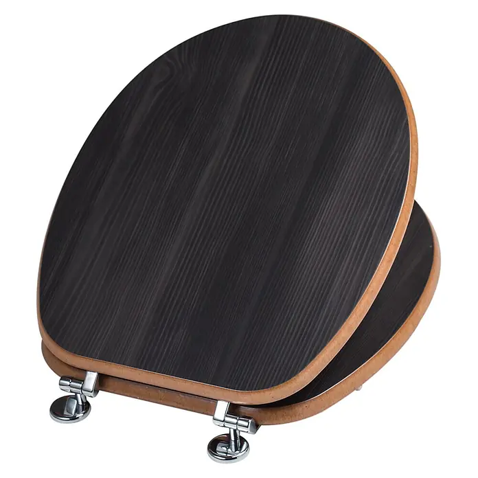 Kiamami Valentina WC-Sitz - Holz dunkel - Dunkle Toilettensitz mit Holzmaserung, naturfarbenen Kanten und Chromscharnieren.