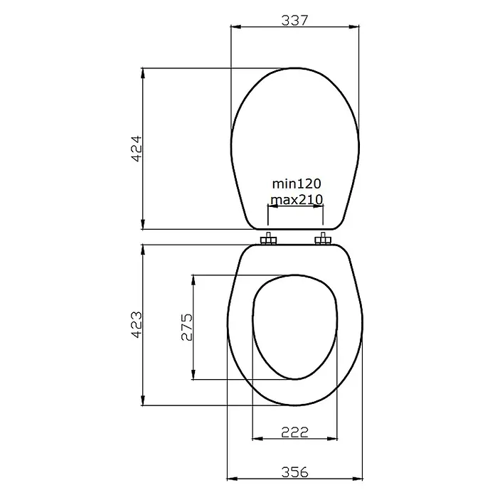 Kiamami Valentina WC-Sitz - Weiß - Technische Zeichnung eines Toilettensitzes mit Deckel, Maße für Länge, Breite und verstellbare Scharnierbefestigung.