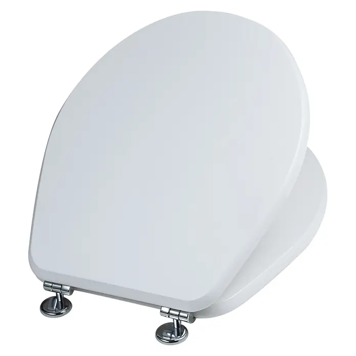 Kiamami Valentina WC-Sitz - Weiß - Weißer Toilettensitz mit Chromscharnieren, leicht geöffnet dargestellt.