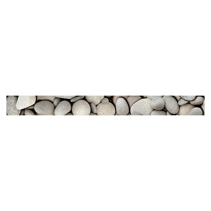 Cenefa para baldosas Canto rodado - 5 x 50 cm, Gris - Una imagen detallada que muestra una variedad de piedras de río grises y blancas, creando un patrón natural y texturizado.