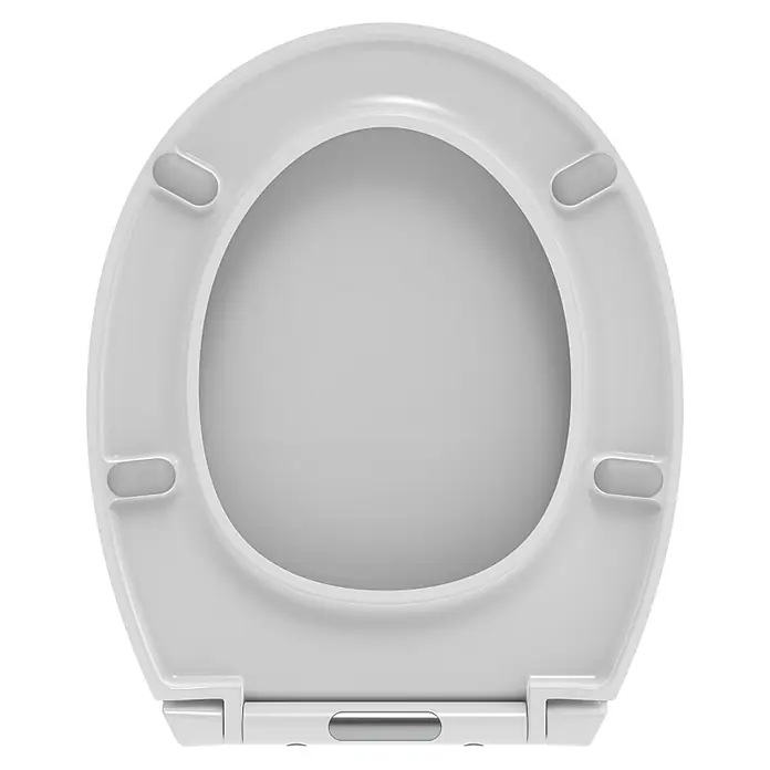Kiamami Valentina WC-Sitz - Weiß, Mit Absenkautomatik - Weißer Toilettensitz aus Kunststoff mit rutschfesten Puffern, von oben gesehen.
