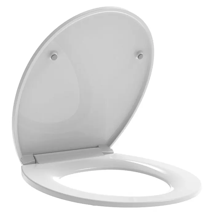 Kiamami Valentina WC-Sitz - Weiß, Mit Absenkautomatik - Weißer Kunststoff-Toilettensitz mit geöffnetem Deckel.