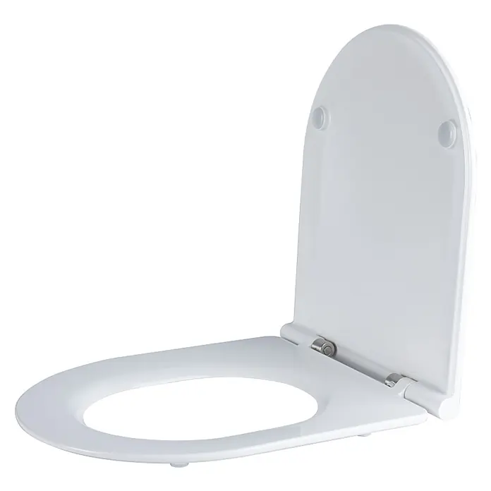 Kiamami Valentina WC-Sitz - Weiß, Mit Absenkautomatik - Weißer WC-Sitz aus Duroplast mit Deckel, geöffnet dargestellt, mit Metallscharnieren.