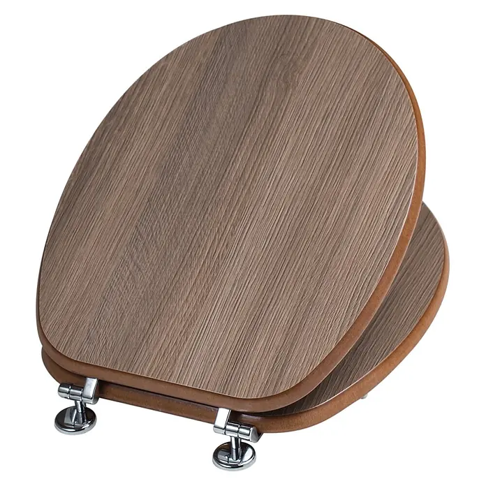 Kiamami Valentina WC-Sitz - Holz mittel - Ovaler Toilettensitz in brauner Holzoptik mit Chromscharnieren.
