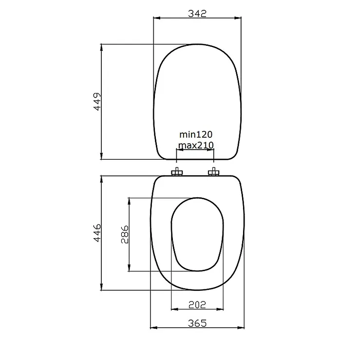 Kiamami Valentina WC-Sitz - Weiß - Technische Zeichnung eines WC-Sitzes und Deckels mit detaillierten Maßen für Länge, Breite und verstellbaren Scharnierabstand (120-210mm).