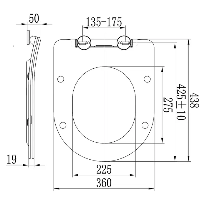 Kiamami Valentina WC-Sitz - Weiß, Mit Absenkautomatik - Technische Zeichnung eines D-förmigen WC-Sitzes mit Deckel und verstellbaren 135-175mm Scharnieren. Gesamtmaße: 438x360mm, 19mm dick.